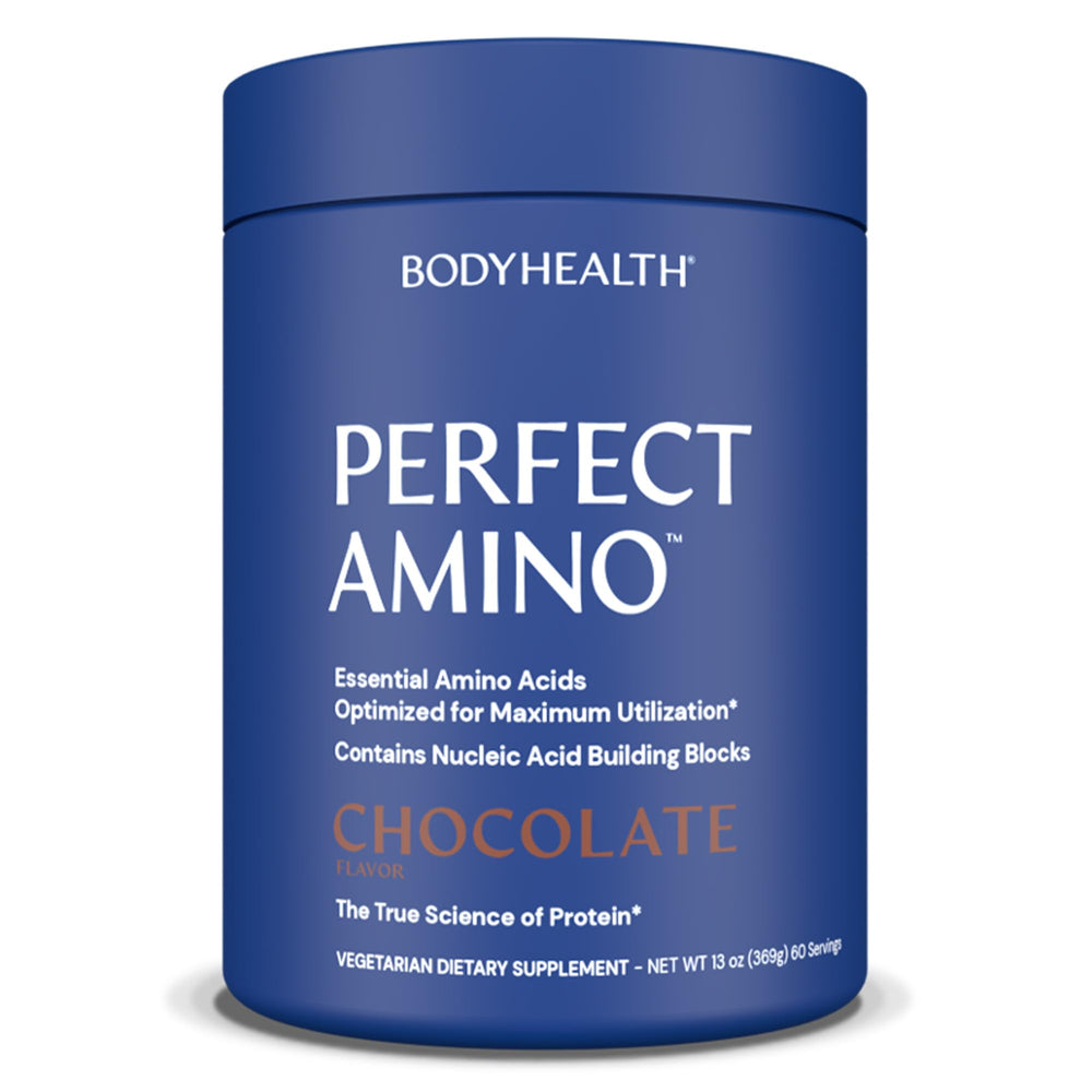 BodyHealth PerfectAmino bottle front label shows vegan amino blend for recovery