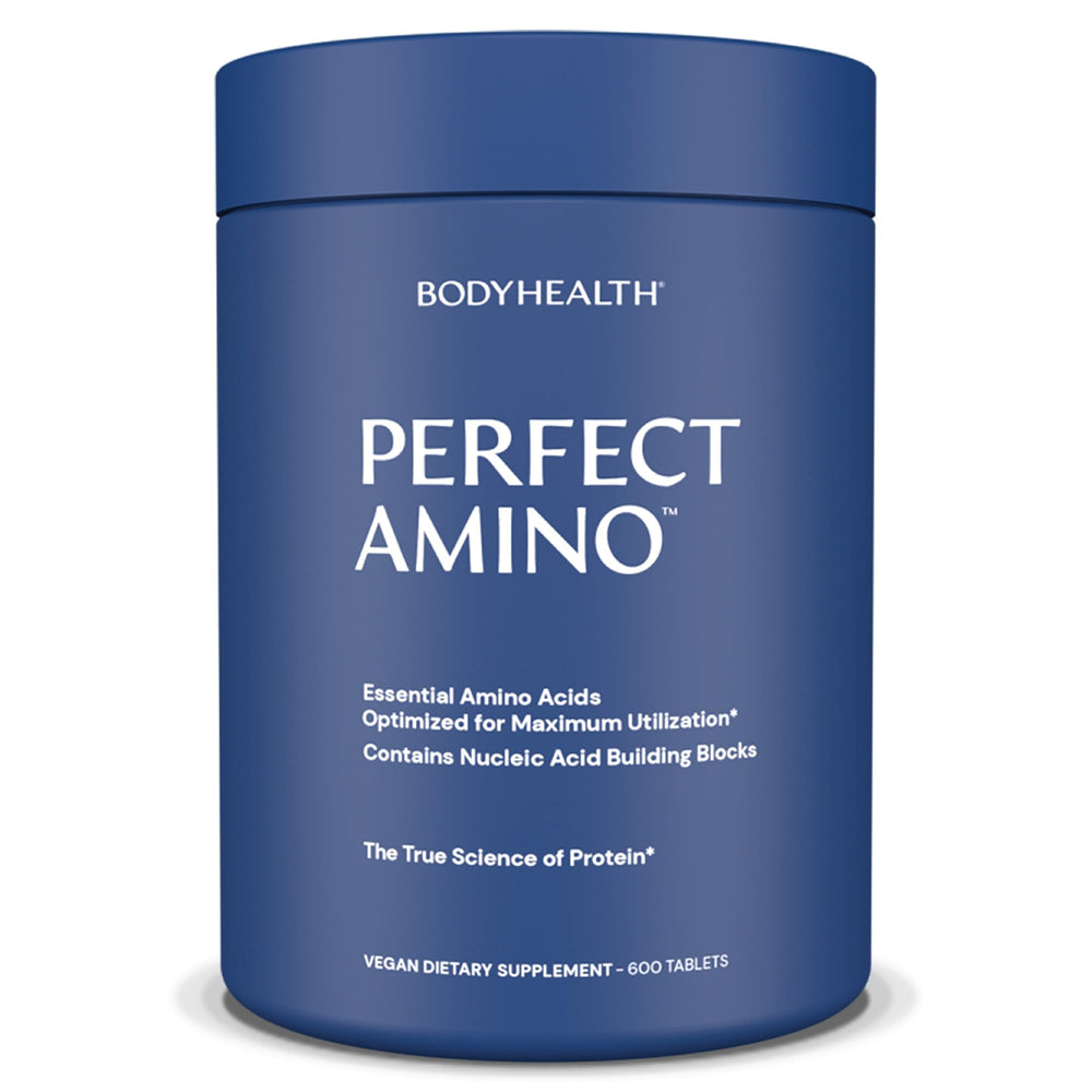 BodyHealth PerfectAmino bottle front shows essential amino acids for recovery