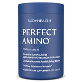 BodyHealth PerfectAmino bottle front shows vegan amino acid supplement for muscle recovery and intake ease.