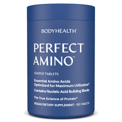 BodyHealth PerfectAmino bottle front shows vegan amino acid supplement for muscle recovery and intake ease.
