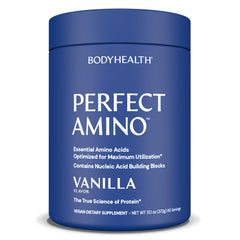 BodyHealth PerfectAmino bottle with vanilla flavor on label, ideal for pre and post workout sessions.