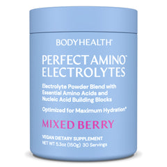 BodyHealth PerfectAmino Electrolytes powder mixed berry being poured for hydration