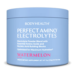 BodyHealth PerfectAmino Electrolytes Watermelon packaging shows a sugar-free hydration option for athletes.