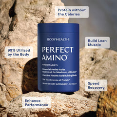 BodyHealth PerfectAmino label shows vegan, non-GMO ingredients.