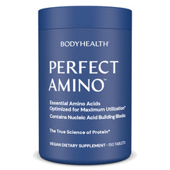BodyHealth PerfectAmino tablets bottle shown for daily recovery and lean muscle support.