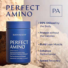 BodyHealth PerfectAmino tablets swallow-coating: non-GMO vegan coating helps glide down.