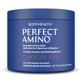 BodyHealth PerfectAmino powder tub closeup highlighting vegan EAAs for fast recovery