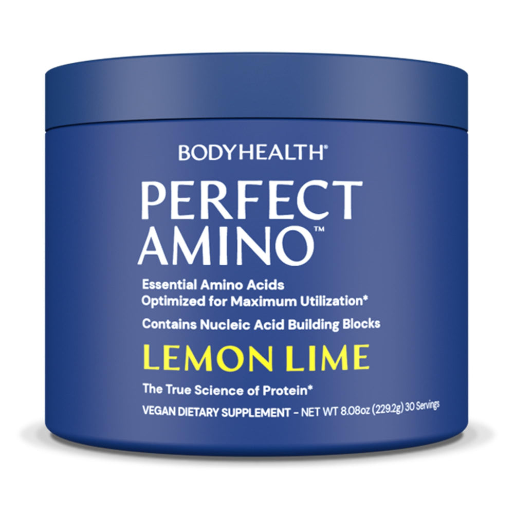 BodyHealth PerfectAmino tub front view with lemon-lime label for pre-workout use.