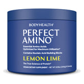 BodyHealth PerfectAmino tub front view with lemon-lime label for pre-workout use.
