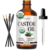 BodyJ4You Organic Castor Oil bottle front, pure cold-pressed formula for lashes, brows, and skin