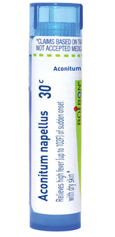 Boiron Aconitum Napellus pellets pack offers convenient fever relief on the go.