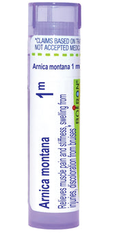 Boiron Arnica Montana 1M pellets in a tube for portable muscle relief.