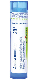 Boiron Arnica Montana 30C pellets in tube close-up for on-the-go relief