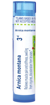 Boiron Arnica Montana 3C pellets in dispensing tube for on-the-go muscle support.