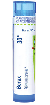 Boiron Borax 30C pellets dissolve under the tongue for discreet, on-the-go relief.