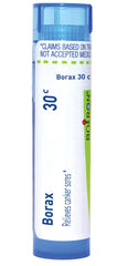 Boiron Borax 30C pellets dissolve under the tongue for discreet, on-the-go relief.