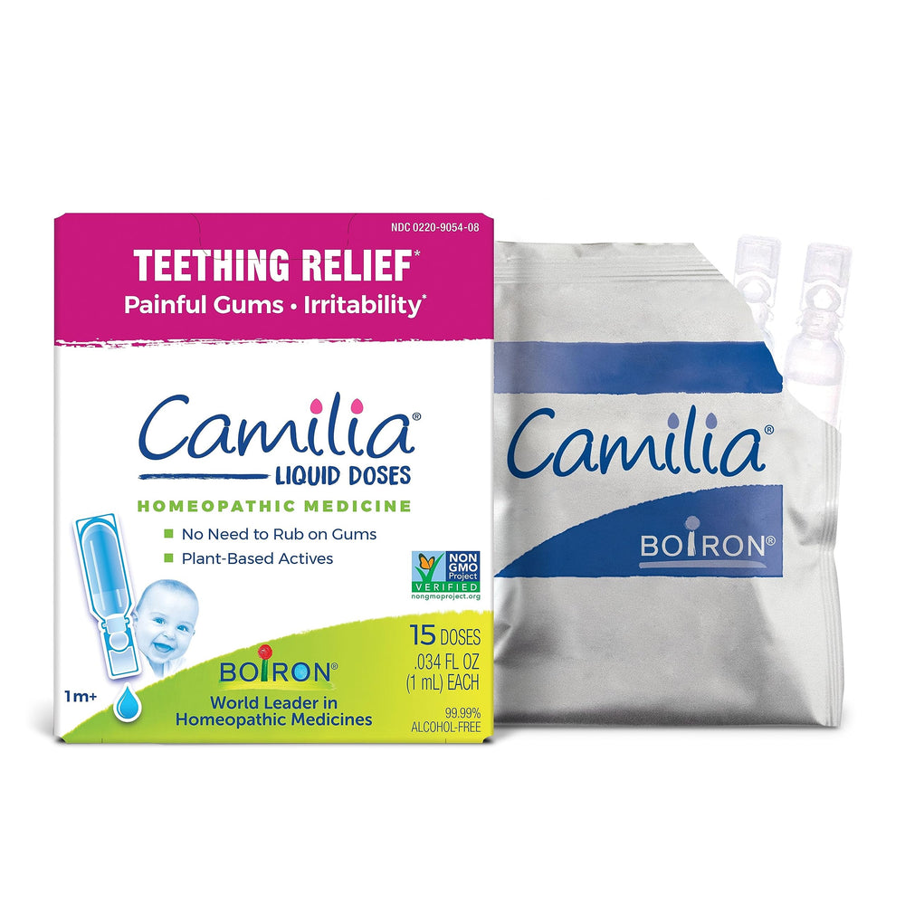 Boiron Camilia teething drops box and bottle for gentle daytime relief.