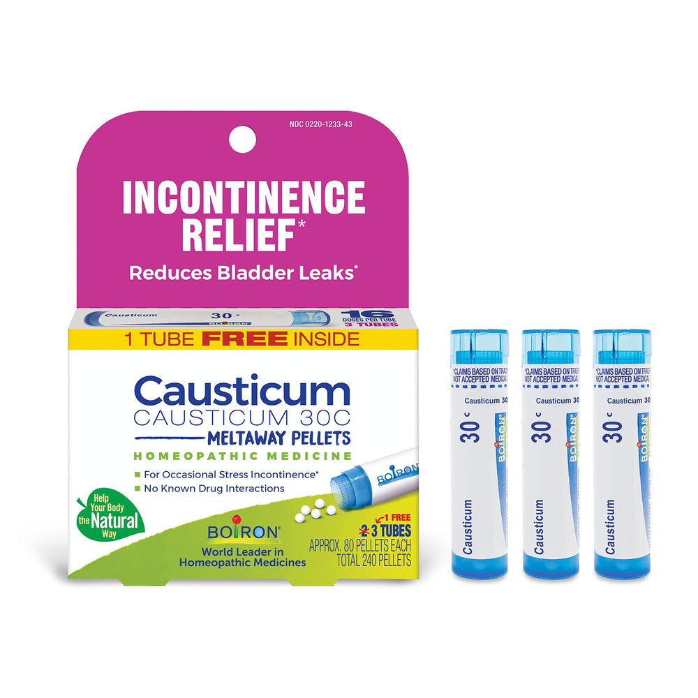 Boiron Causticum 30C pellets in a tube for discreet on-the-go relief