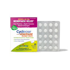 Boiron Cyclease Menopause meltaway tablets close-up for discreet, water-free symptom relief.