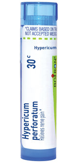 Boiron Hypericum perforatum 30C pellets in dispensing tube for on-the-go use.