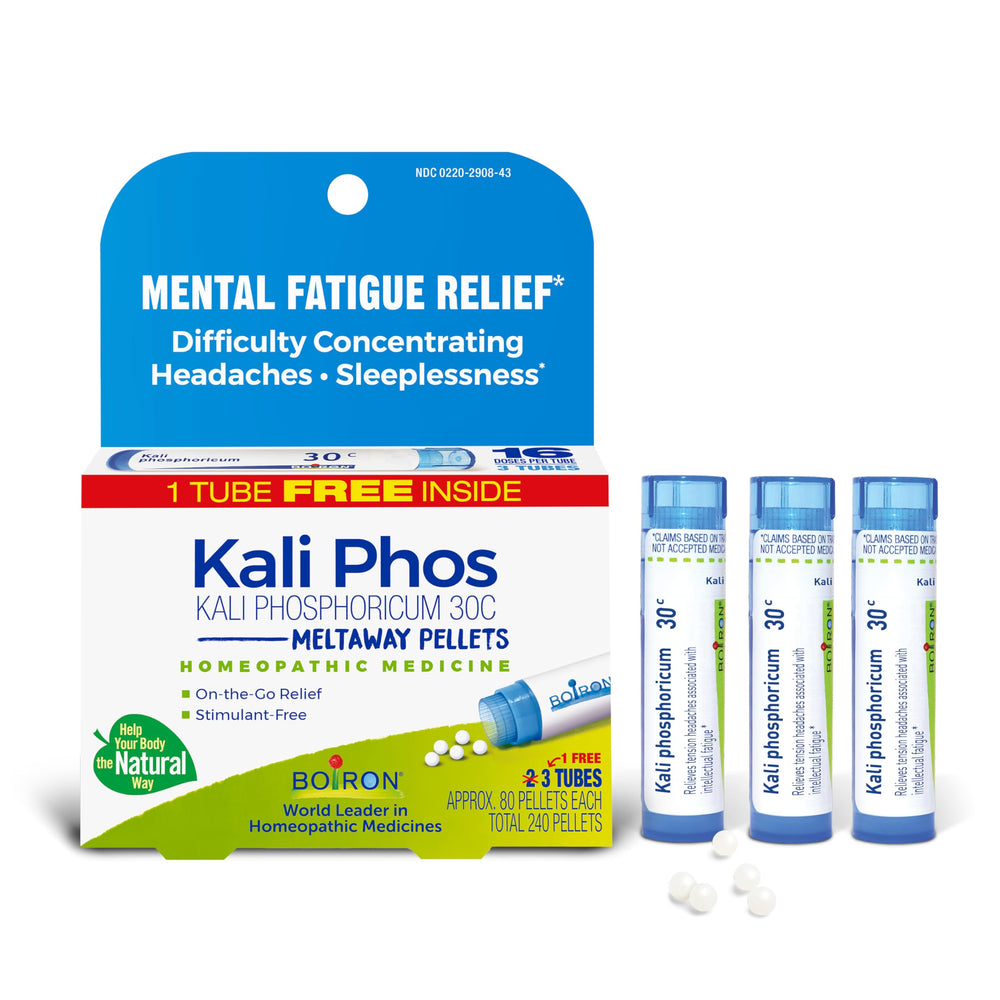 Boiron Kali Phosphoricum 30C pellets in bottle for on the go headache relief
