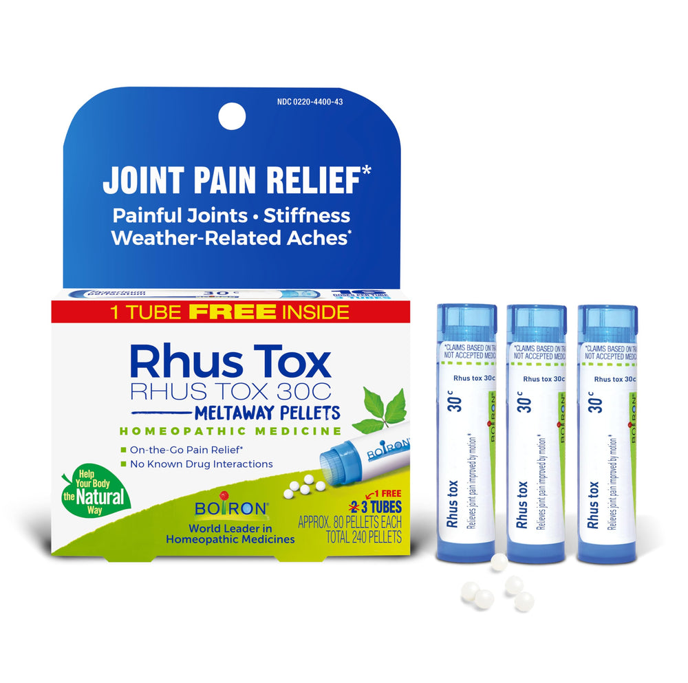 Boiron Rhus Tox 30C pellets dissolving under the tongue for quick relief