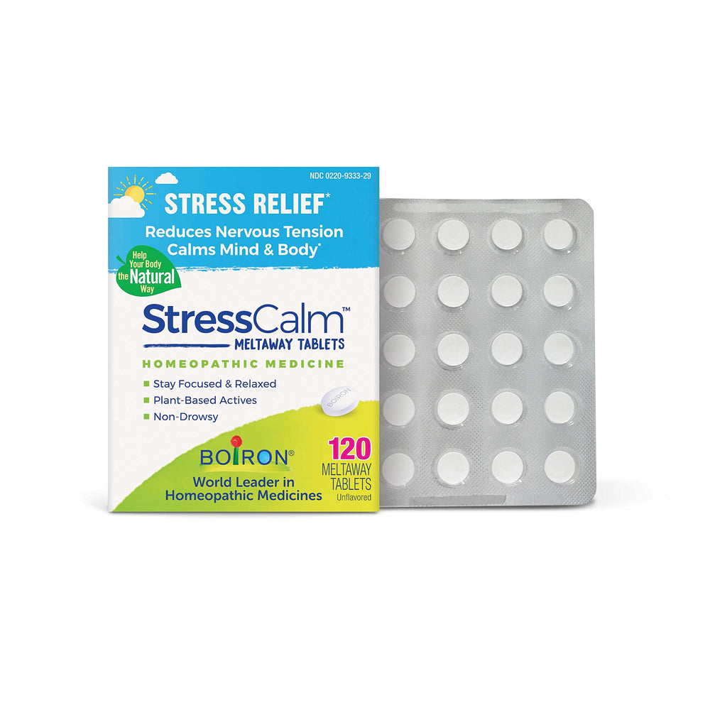 Boiron StressCalm box front, discreet stress relief on the go