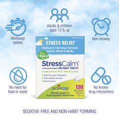 Boiron StressCalm meltaway tablets, no water needed for easy use