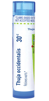Boiron Thuja Occidentalis 30C tube with 80 pellets for on-the-go wart care.