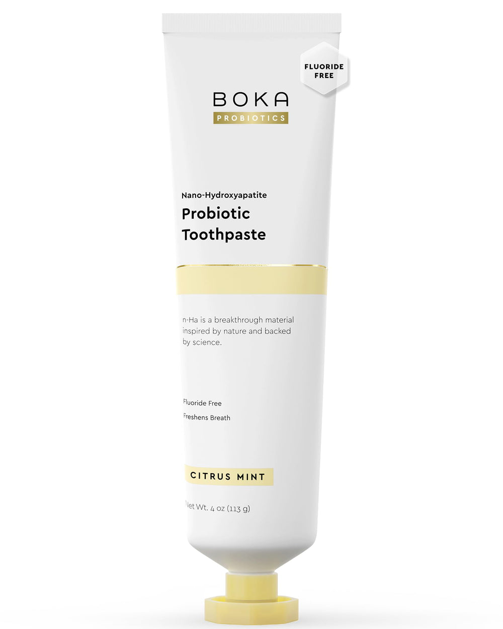 Boka fluoride-free toothpaste front-label highlights nano-hydroxyapatite enamel care.