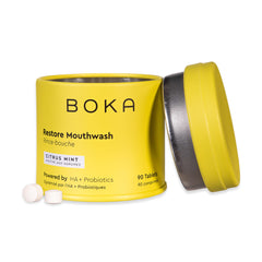 Boka mouthwash tablets with hydroxyapatite in travel tin for on-the-go refreshing dental care.