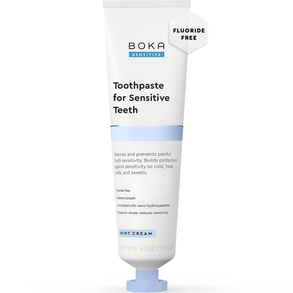 Boka Sensitive Toothpaste box on mint background promises gentle daily sensitivity relief.