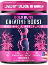 Bold Buns Creatine for Women bottle pour highlights easy-to-mix performance support