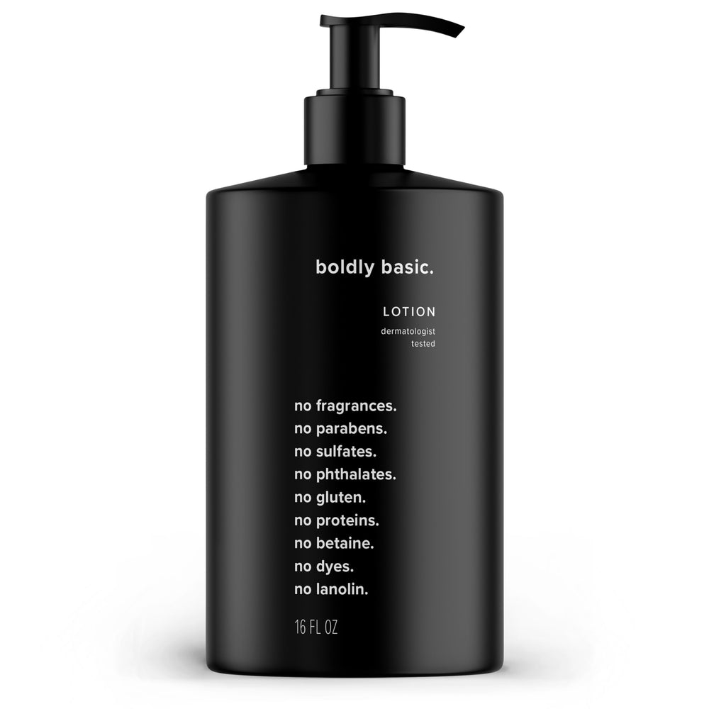 Boldly Basic Fragrance Free Lotion bottle front, fragrance-free daily moisture.