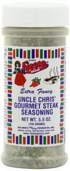 Bolner's Fiesta Uncle Chris steak seasoning bottle enhances grilling flavor for beef.