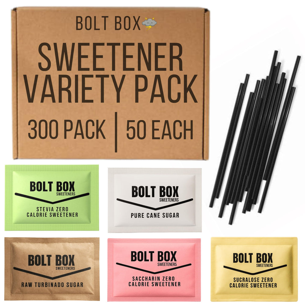Bolt Box turbinado sugar packets arranged for premium office coffee.