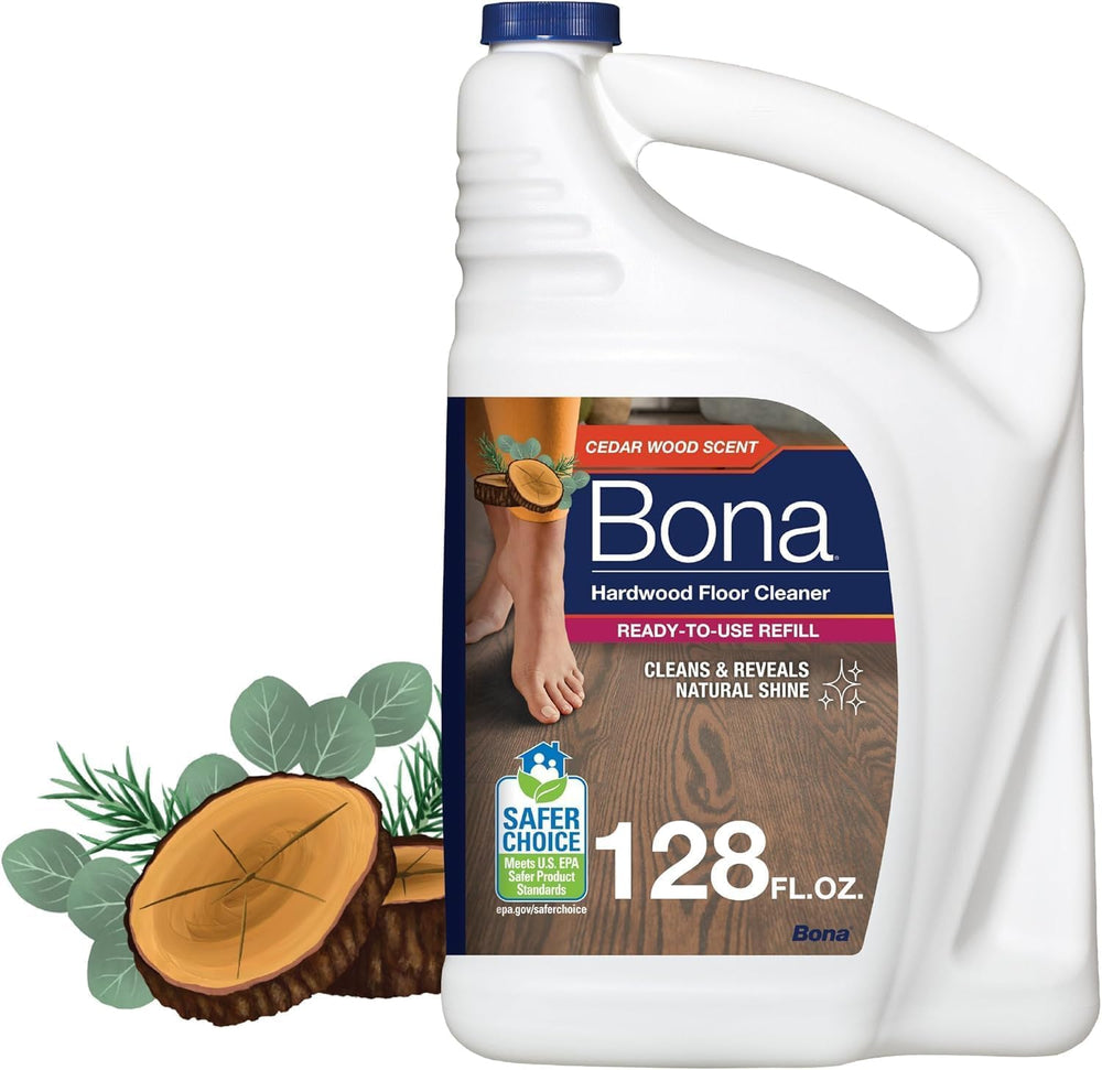 Bona hardwood floor cleaner refill bottle with cedar wood scent for easy refills.