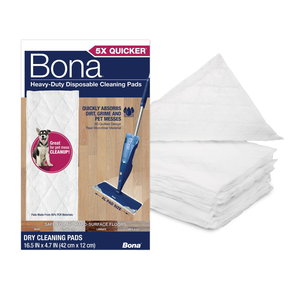Bona heavy-duty disposable cleaning pad package shown for quick dirt pickup.