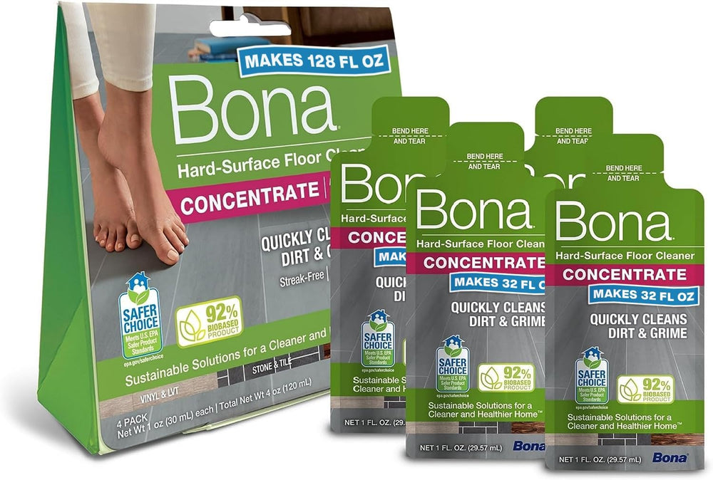 Bona multi-surface concentrate pouch saves plastic and space.