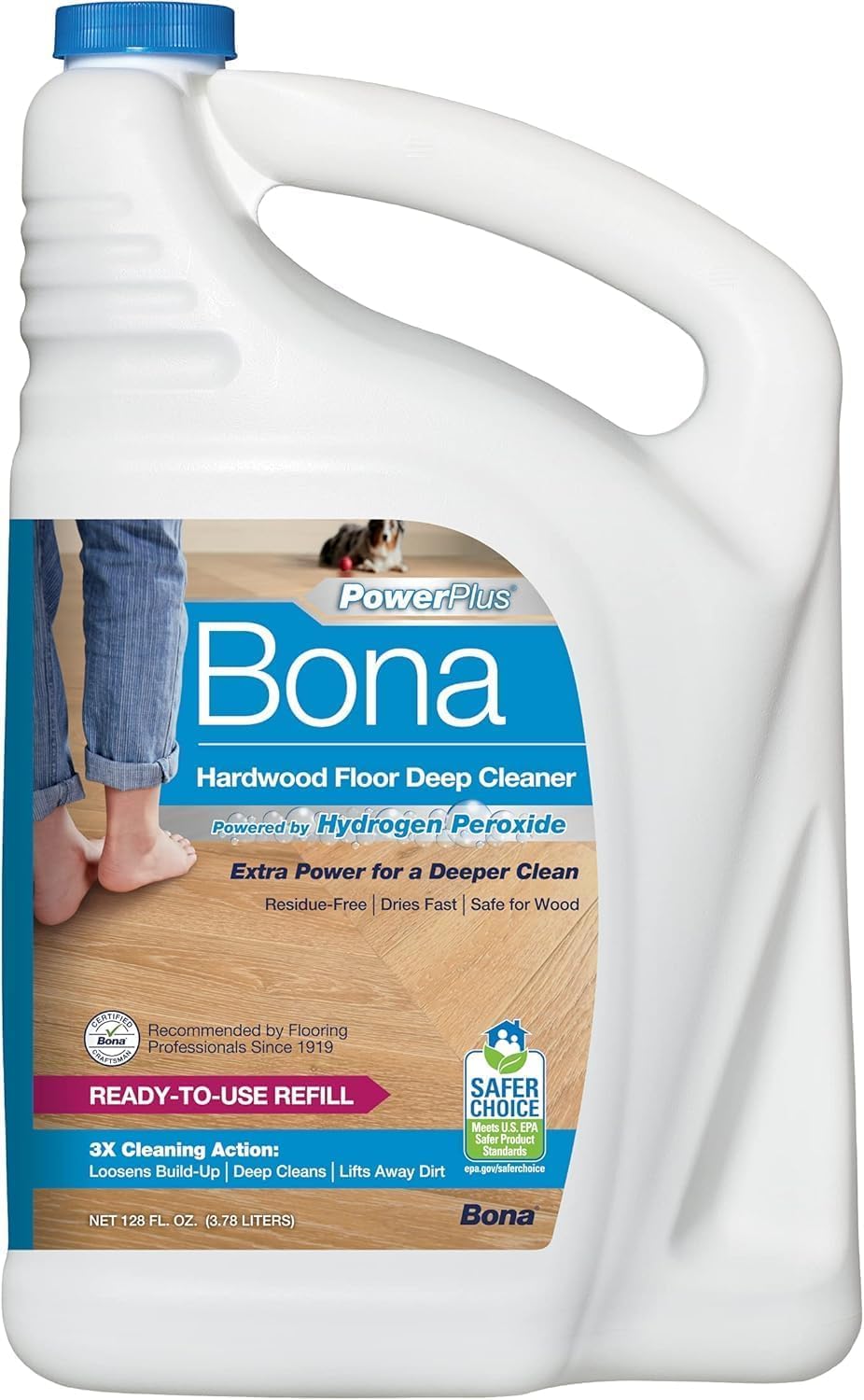 Bona PowerPlus deep cleaner refill being poured with splashless design for easy refilling