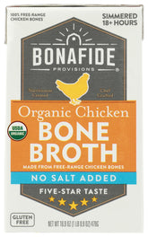 Bonafide Provisions chicken bone broth bottle on shelf highlighting organic no-salt formula for everyday soups.