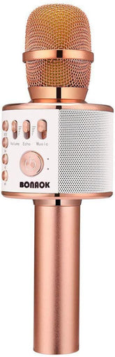 BONAOK Rose Gold wireless karaoke microphone front view shows portable party sound
