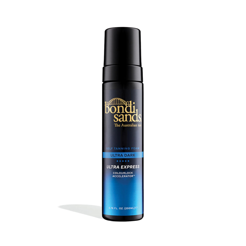 Bondi Sands Ultra Express Foam bottle shown with fragrance-free self tan.