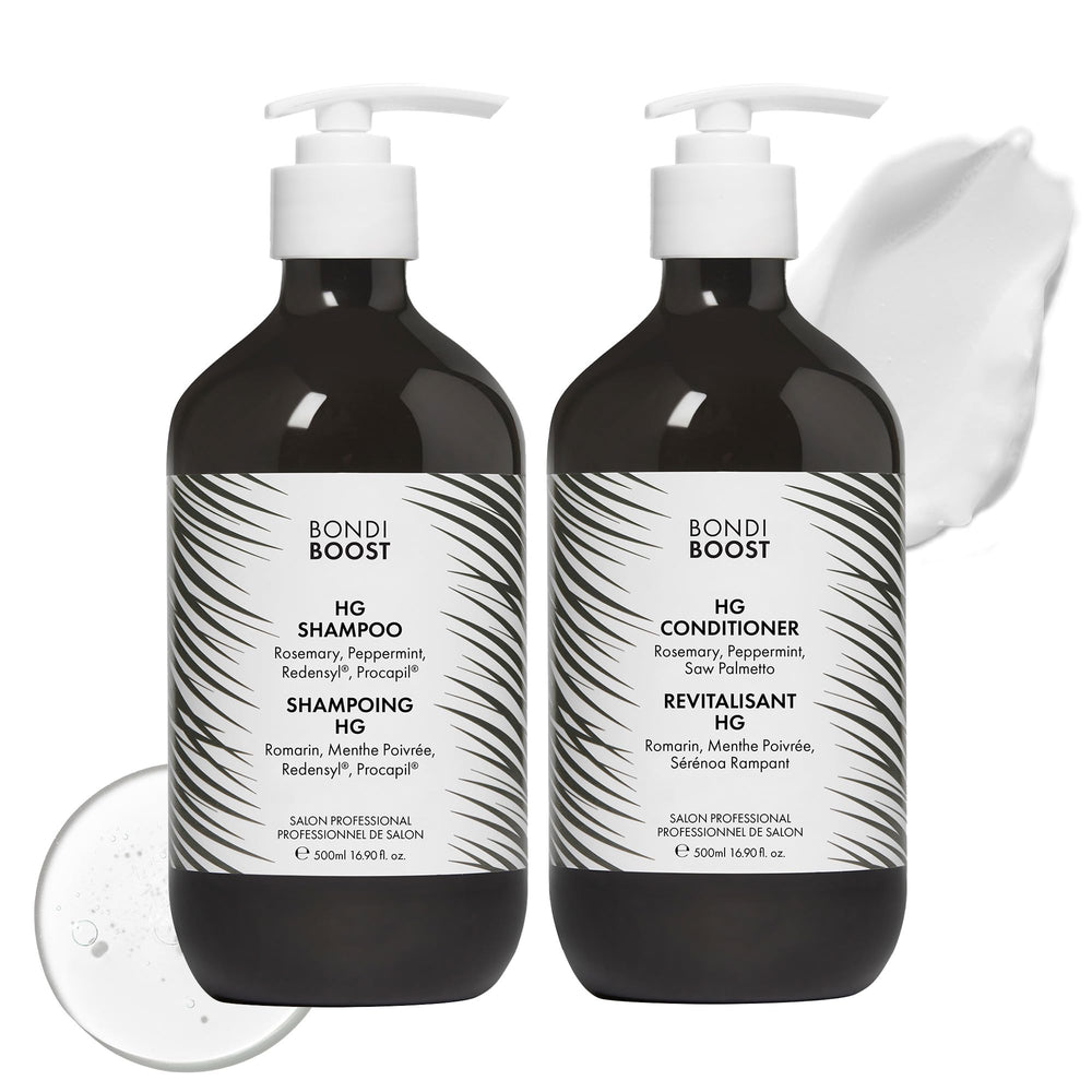 BondiBoost HG shampoo bottle close-up promoting fuller-looking hair