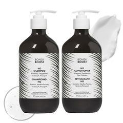 BondiBoost HG shampoo bottle close-up promoting fuller-looking hair