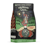 Bones Coffee Highland Grog pack closeup reveals rich aroma and premium packaging.