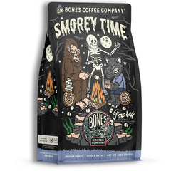 Bones Coffee S'morey Time front packaging showing campfire flavor cues.