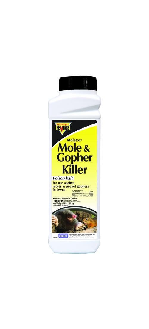 Bonide Moletox granules in a 1 lb bottle for lawn mole and gopher control.