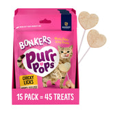 Bonkers Purrpops 15-pack front view, convenient packaging for quick feline treats.