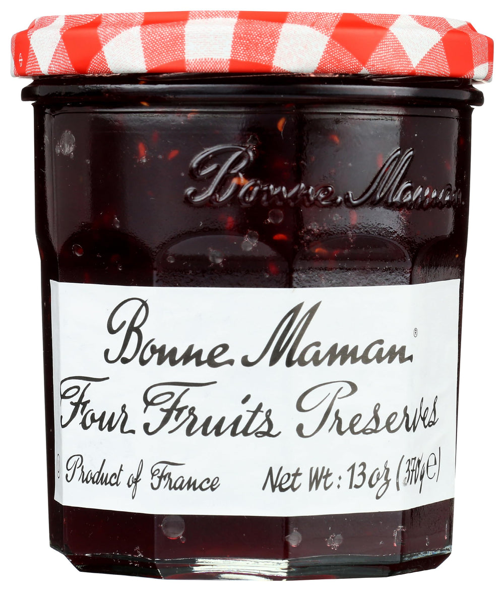 Bonne Maman four fruit preserve jar shows premium quality and vibrant fruit flavors.
